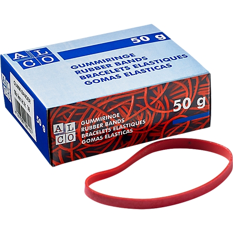 A box of rubber bands with a red ring. Information is written on the box in multiple languages.