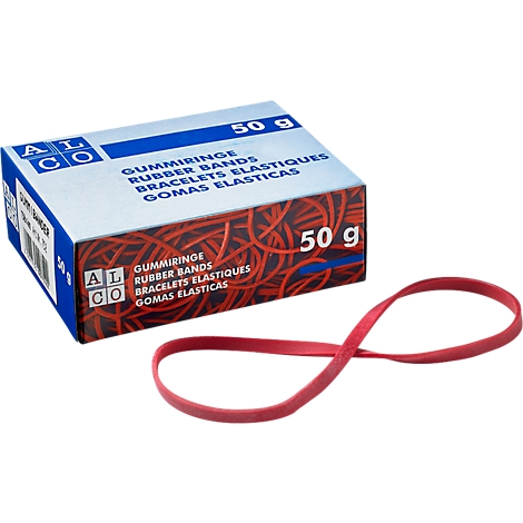 A red rubber band in the shape of a figure eight, next to a box of red rubber bands labeled with text.