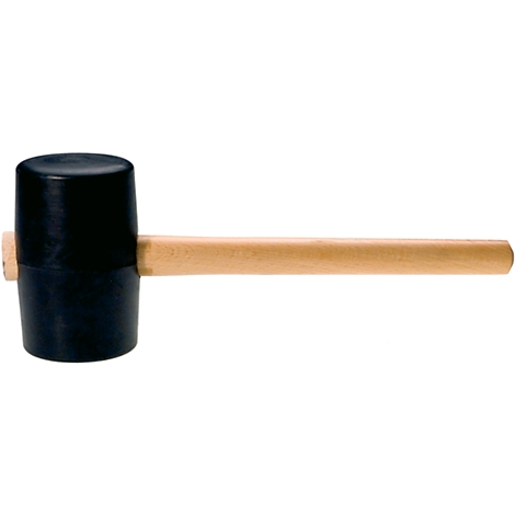Black rubber mallet with wooden handle, lying diagonally against a white background.
