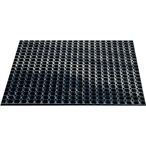Black grid mat with hexagonal holes. The material is plastic.
