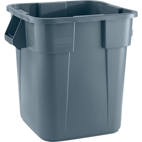 Graue, quadratische Mülltonne mit Griffen und Firmenlogo. Text: „Rubbermaid“ und „28 Gal“