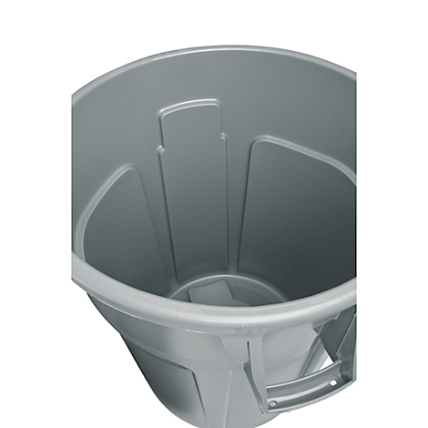 Graue Mülltonne aus Kunststoff, Blick in das Innere. Deutlich zu sehen sind die vertikalen Verstärkungen und der Griff.