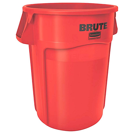 Ein roter Mülleimer mit dem Schriftzug "BRUTE".