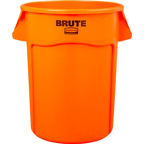 Ein orangefarbener Müllbehälter mit Griffen und dem Wort "BRUTE".