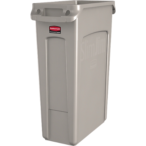 Graue Slim Jim Mülltonne von Rubbermaid, mit Griff und Logo.