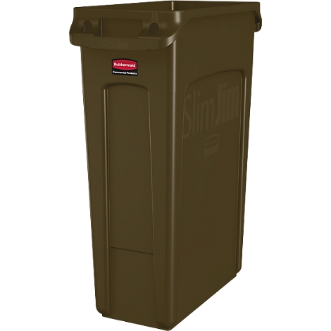 Brauner, rechteckiger Mülleimer mit seitlichen Griffen und dem Schriftzug „Slim Jim“. Label: Rubbermaid.