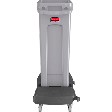 Graue Mülltonne auf Rollen, rotes Rubbermaid Logo. Rechteckige Form, oben offen.
