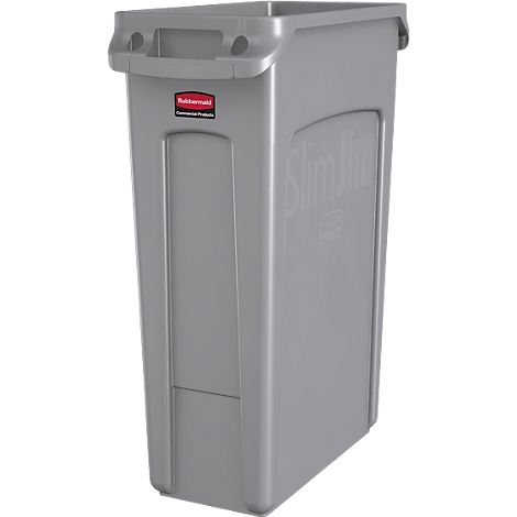 Grauer, rechteckiger Abfalleimer mit Griff. Das Logo Rubbermaid ist zu sehen, ebenso wie der Schriftzug "Slim Jim".