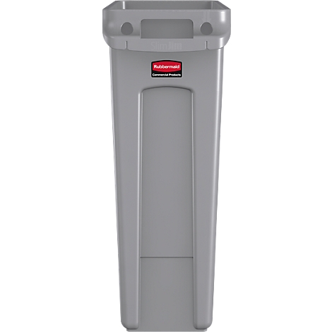 Graue, rechteckige Mülltonne. Oben zwei runde Löcher. Darunter ein rotes Rubbermaid-Logo.