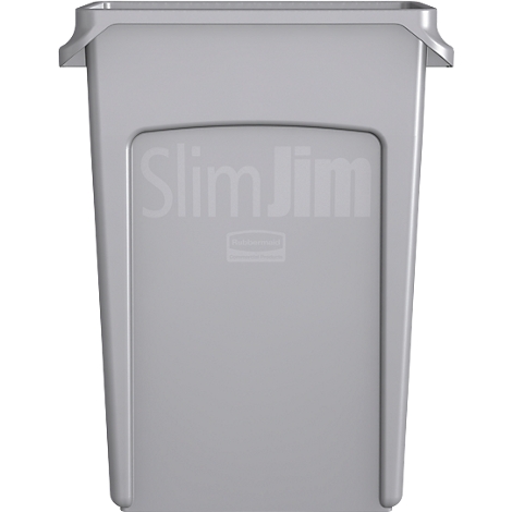 Grauer Mülleimer Slim Jim, Marke Rubbermaid, mit Logo.