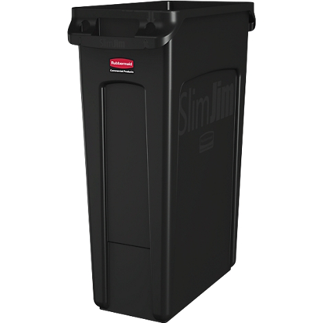 Schwarzer Abfalleimer mit Griffen. Aufschrift Slim Jim. Rotes Rubbermaid Logo.