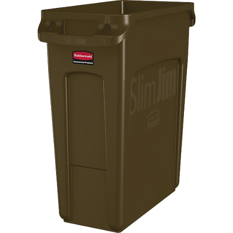 Ein olivgrüner Mülleimer mit dem Aufdruck "Slim Jim" und dem Rubbermaid-Logo.