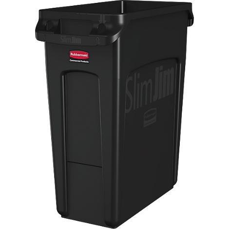 Schwarzer Slim Jim Abfalleimer. Mit Griffen, Logo und Schriftzug Slim Jim.