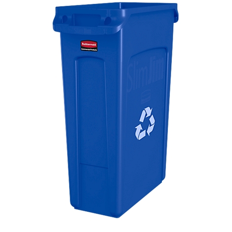 Blaues Recycling-Behälter, rechteckig, mit Recycling-Symbol.