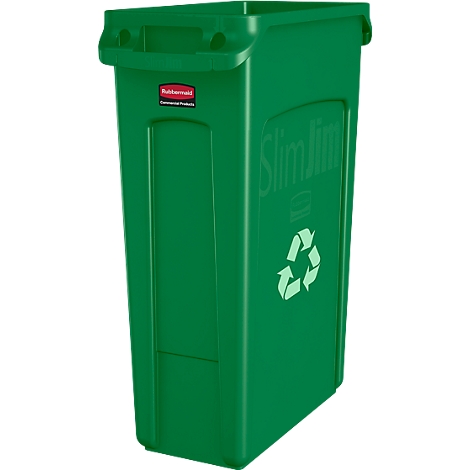 Grüne Slim Jim Recyclingtonne mit Recycling-Symbol und Markenlogo.