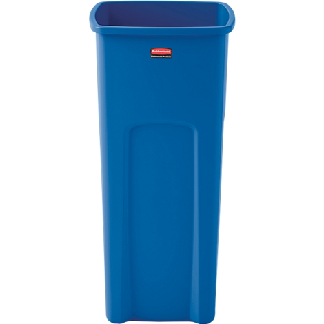 Blauer Mülleimer, rechteckig, mit rotem Logo.