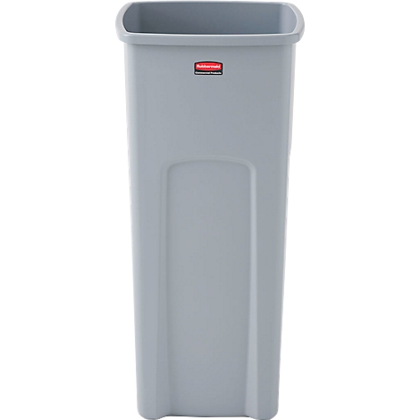 Graue, rechteckige Mülltonne mit dem roten Logo von Rubbermaid. Die Tonne hat einen eckigen Rand.
