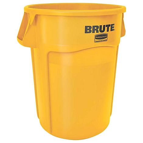 Gele Brute vuilnisbak met deksel en handgrepen. De tekst 'BRUTE' is duidelijk zichtbaar.
