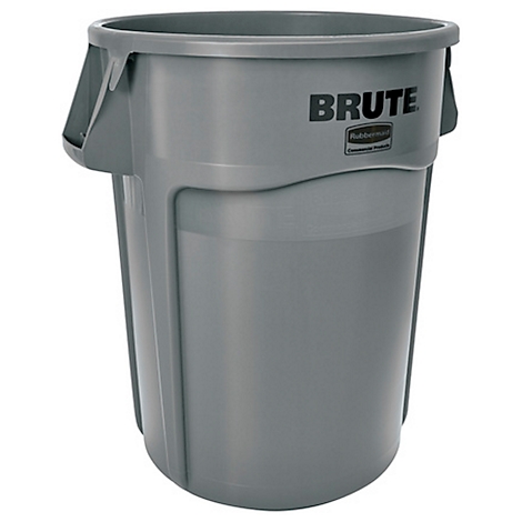Grijze vuilnisbak met handvatten en het woord BRUTE.