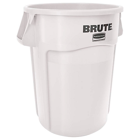 Witte vuilnisbak met "BRUTE" print. Twee handvatten aan de zijkanten. Afgeronde vorm.