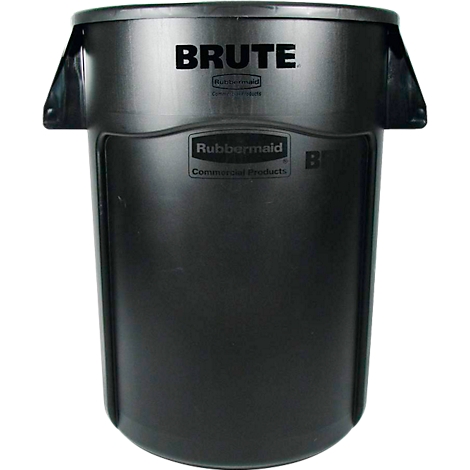 Donkere vuilnisbak met handvatten. Bovenin staat in witte letters 'BRUTE'. Daaronder het logo van 'Rubbermaid Commercial Products'.
