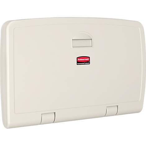 Beige aankleedtafel. Handvat bovenaan, rood logo eronder.