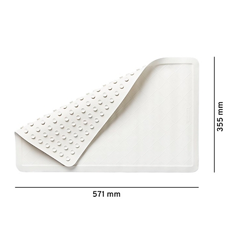 Weißer Badewannenmatten mit Noppen, teilweise angehoben, Maße: 571x355mm.