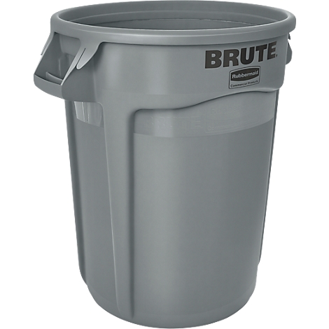 Grijze vuilnisbak met deksel en handvatten. Opschrift "BRUTE".