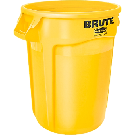Gele vuilnisbak met deksel. Opschrift: BRUTE, Rubbermaid Commercial Products.