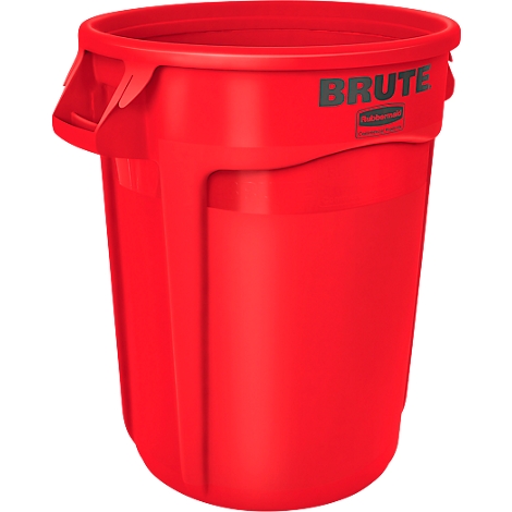 Rode Brute vuilnisbak met handvatten en de tekst "BRUTE".