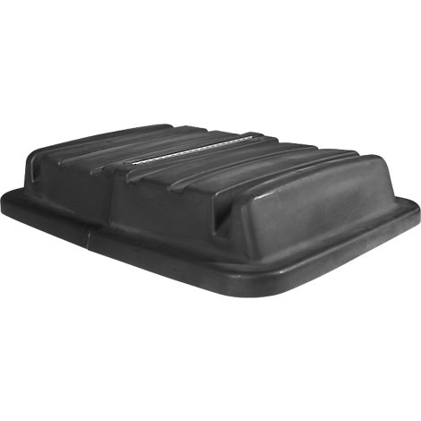 Eine schwarze Mülltonnendeckel mit geriffelter Oberfläche.