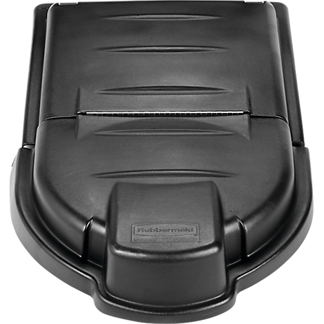 Schwarzer Mülltonnendeckel, rechteckig mit abgerundeten Ecken, mit dem Logo "Rubbermaid".