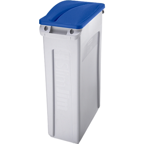 Weißer Mülleimer mit blauem Deckel.