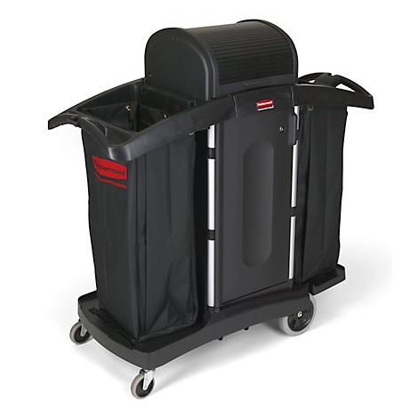 Black cleaning cart with wheels, trash can, storage compartments. Red Rubbermaid logo visible.