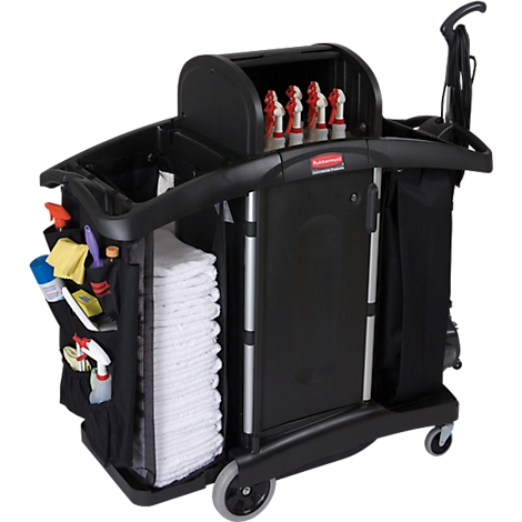 Black cleaning cart with cleaning supplies, towels, and spray bottles. Reads: Rubbermaid.
