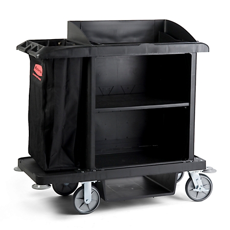 Black cleaning cart on wheels, featuring shelves, a waste bag, and a storage tray.