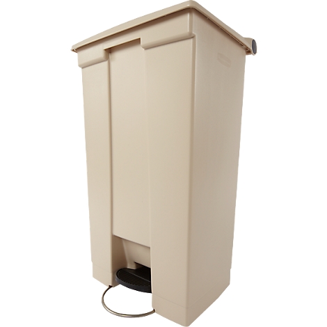 Beige vuilnisbak met deksel, voetpedaal en metalen ring.