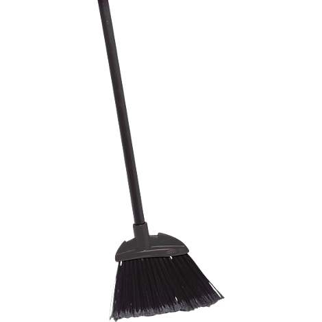 Black broom, diagonal handle, bristles at the bottom.