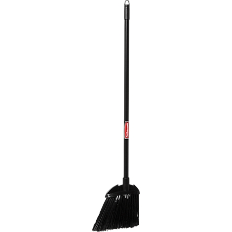 Black broom standing upright. The handle is long and straight, with a hanging hook at the top. The bristles are wide and angled.