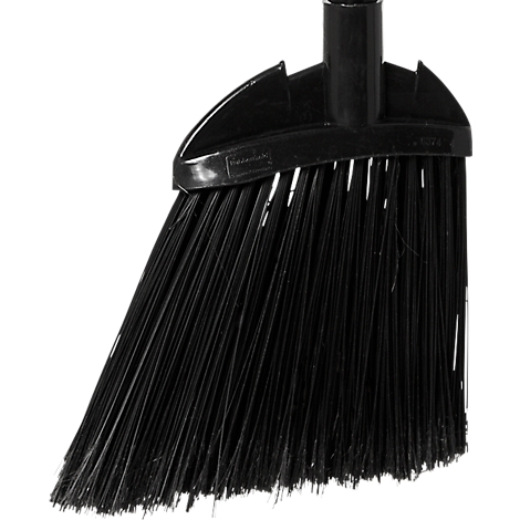 Black broom with bristles, handle base and angle. The broom is in front of a white background.