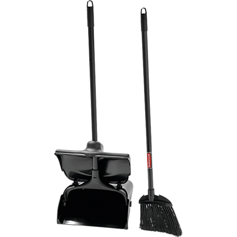 Black cleaning set, consisting of broom and dustpan, on a white background.