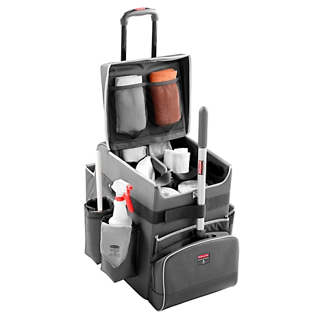 Grey cleaning trolley with many accessories. Top compartments for cloths, bottom a spray and a mop holder.