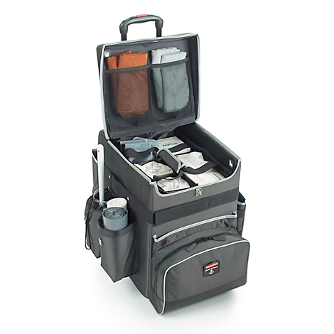 Black rolling suitcase, open, with various compartments and pockets. Handle, wheels, and several storage options.