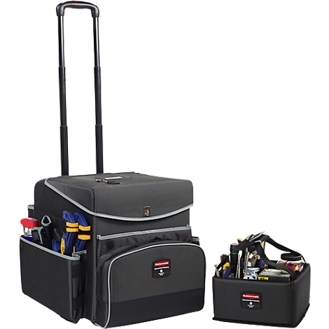 Schwarze Werkzeugtasche mit Rollen und separater Box mit Werkzeugen. Beide haben Logos.
