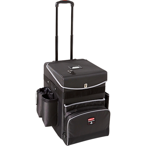 Schwarzer Trolley mit ausziehbarem Griff, Taschen, silbernen Paspeln und Logo.