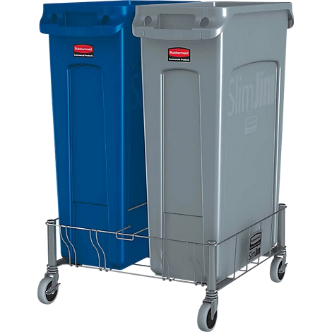 Zwei schlanke Mülltonnen, eine blaue und eine graue, stehen auf einem rollbaren Metallgestell.