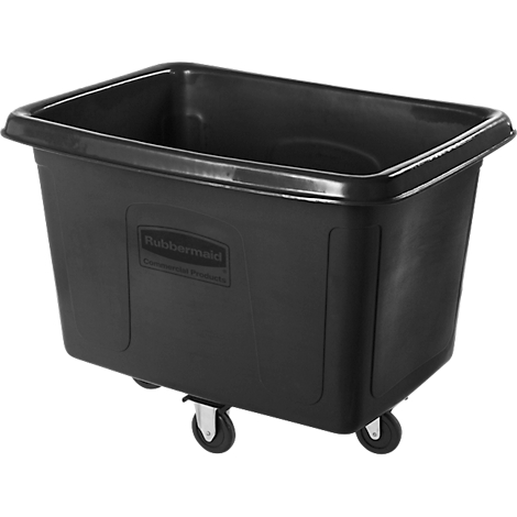 Schwarze Kunststoff-Transportwanne mit Rollen, oben offen, mit Rubbermaid-Logo.