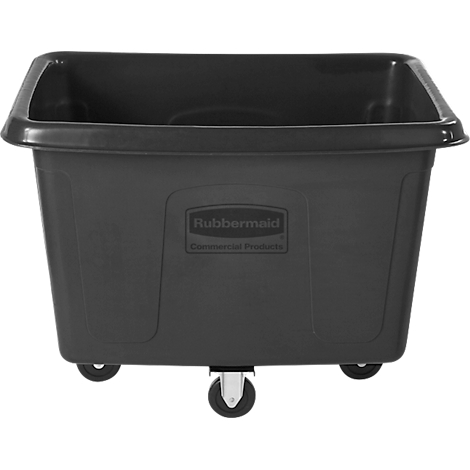 Schwarze Rubbermaid Transportbox auf Rollen mit Firmenlogo. 