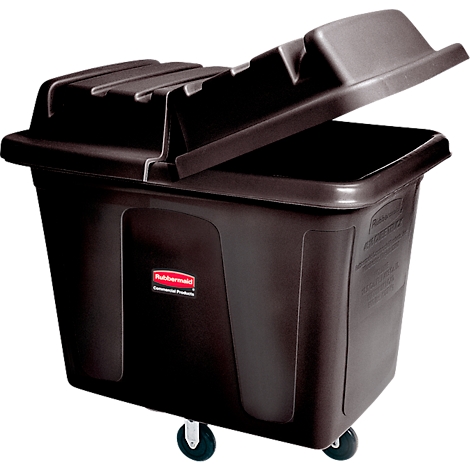 Braune Kunststoffbox mit Deckel, teilweise geöffnet, auf Rollen. Vorne ist ein rotes Logo sichtbar.
