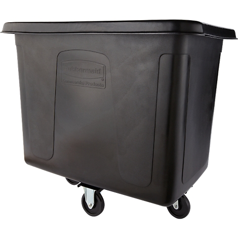 Schwarze Transportbox auf Rollen. Auf der Seite ist das Rubbermaid Logo zu sehen.